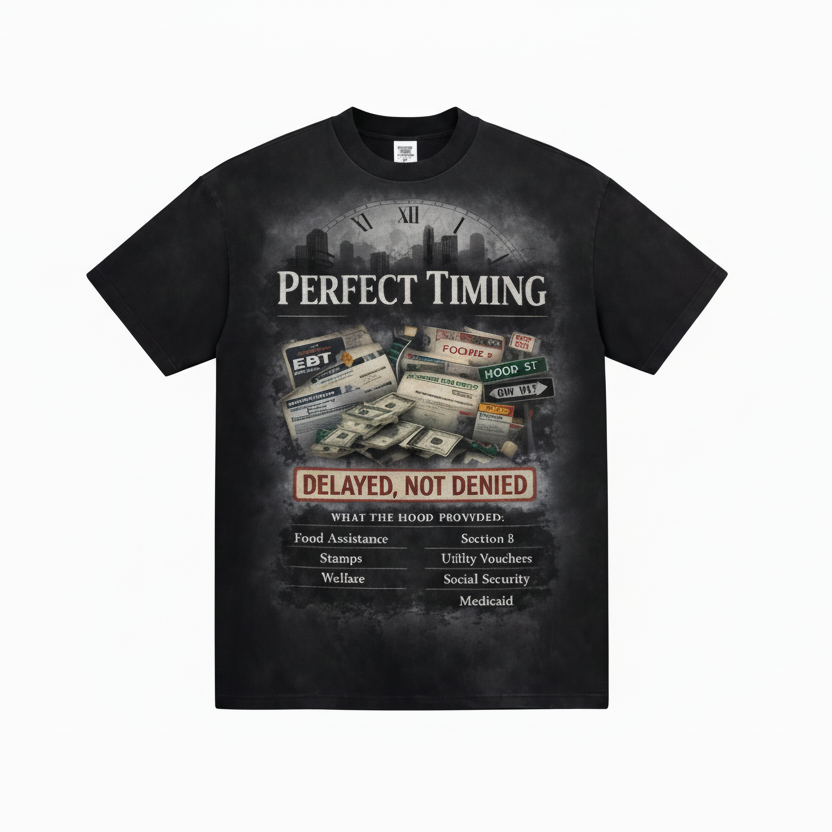 Black t-shirt with front and back designs on a white background