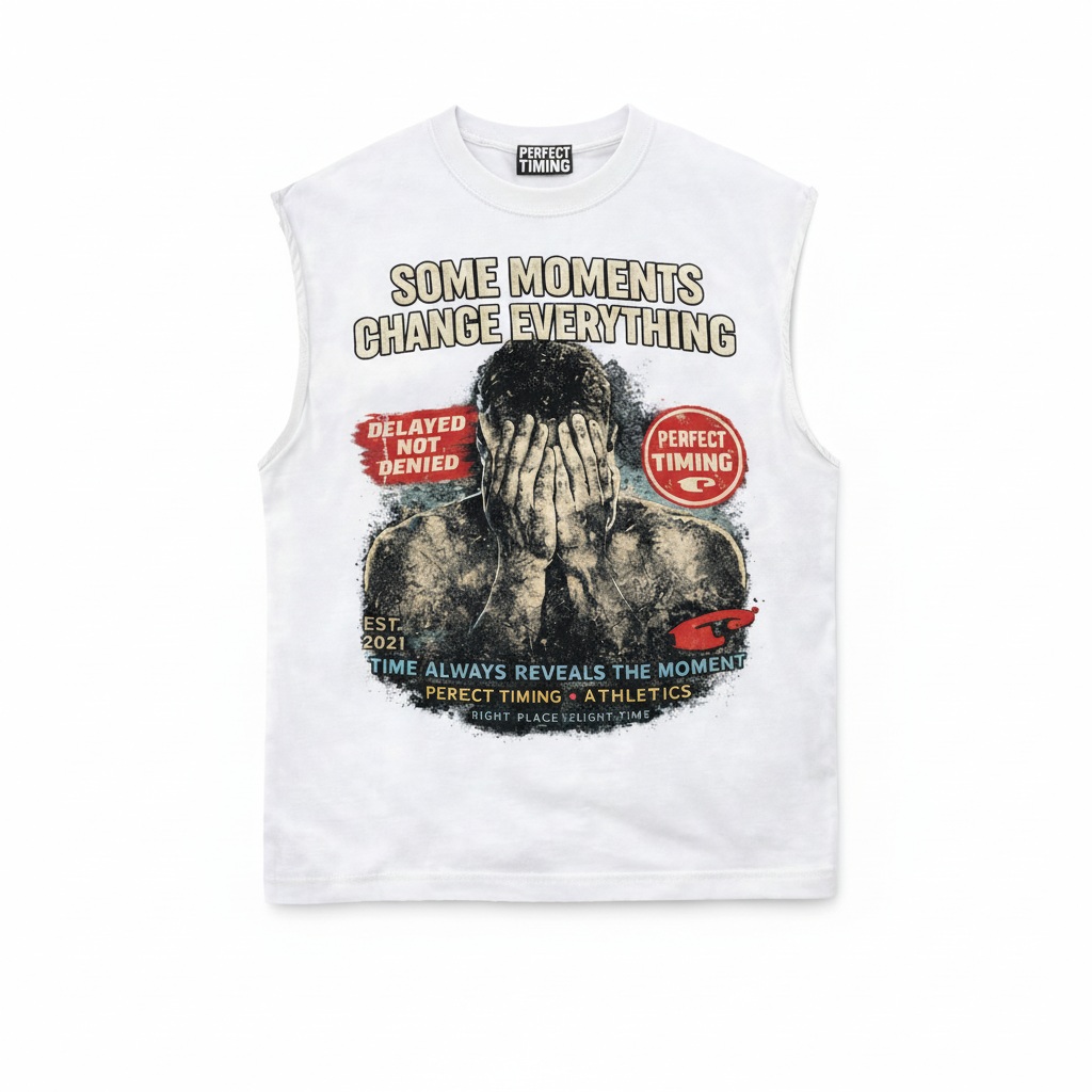 White sleeveless shirt with graphic design and text on a white background