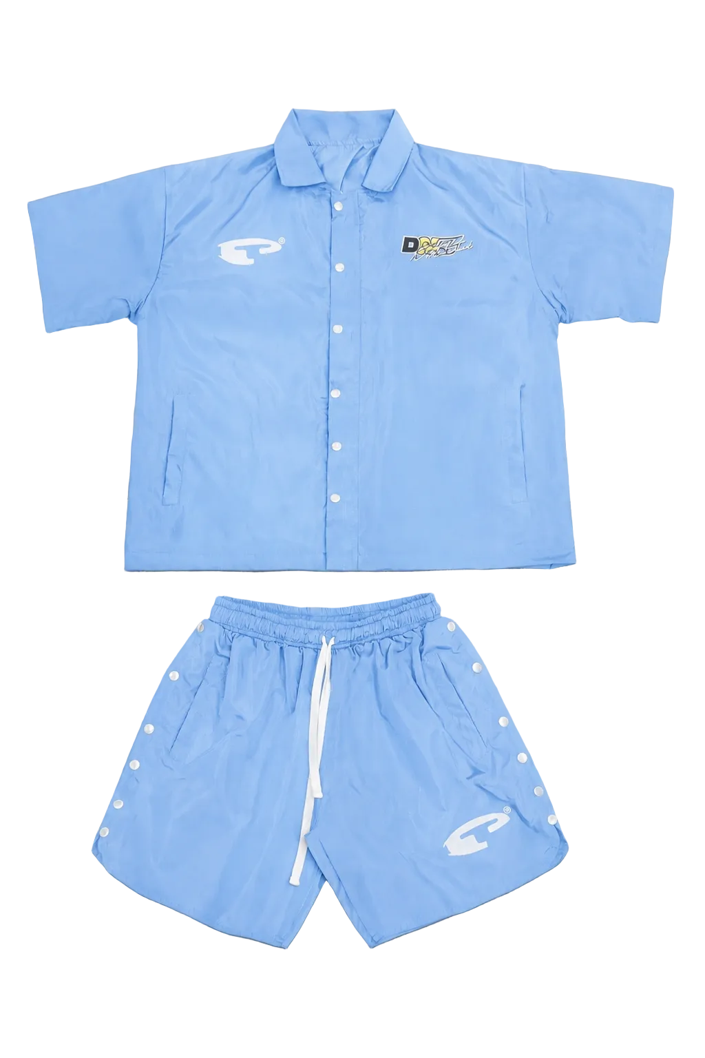 Blue shirt and shorts set on a gray textured background