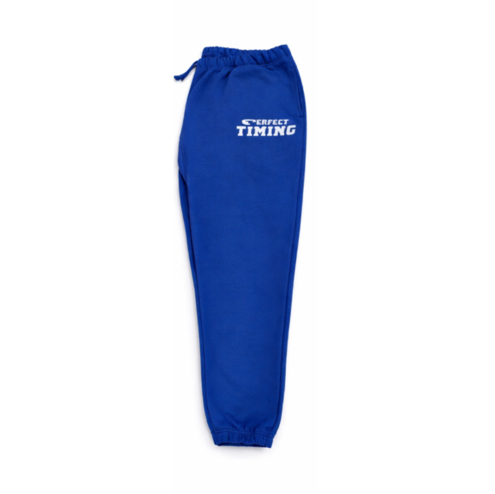 Blue sweatpants with 'Perfect Timing' logo on a white background