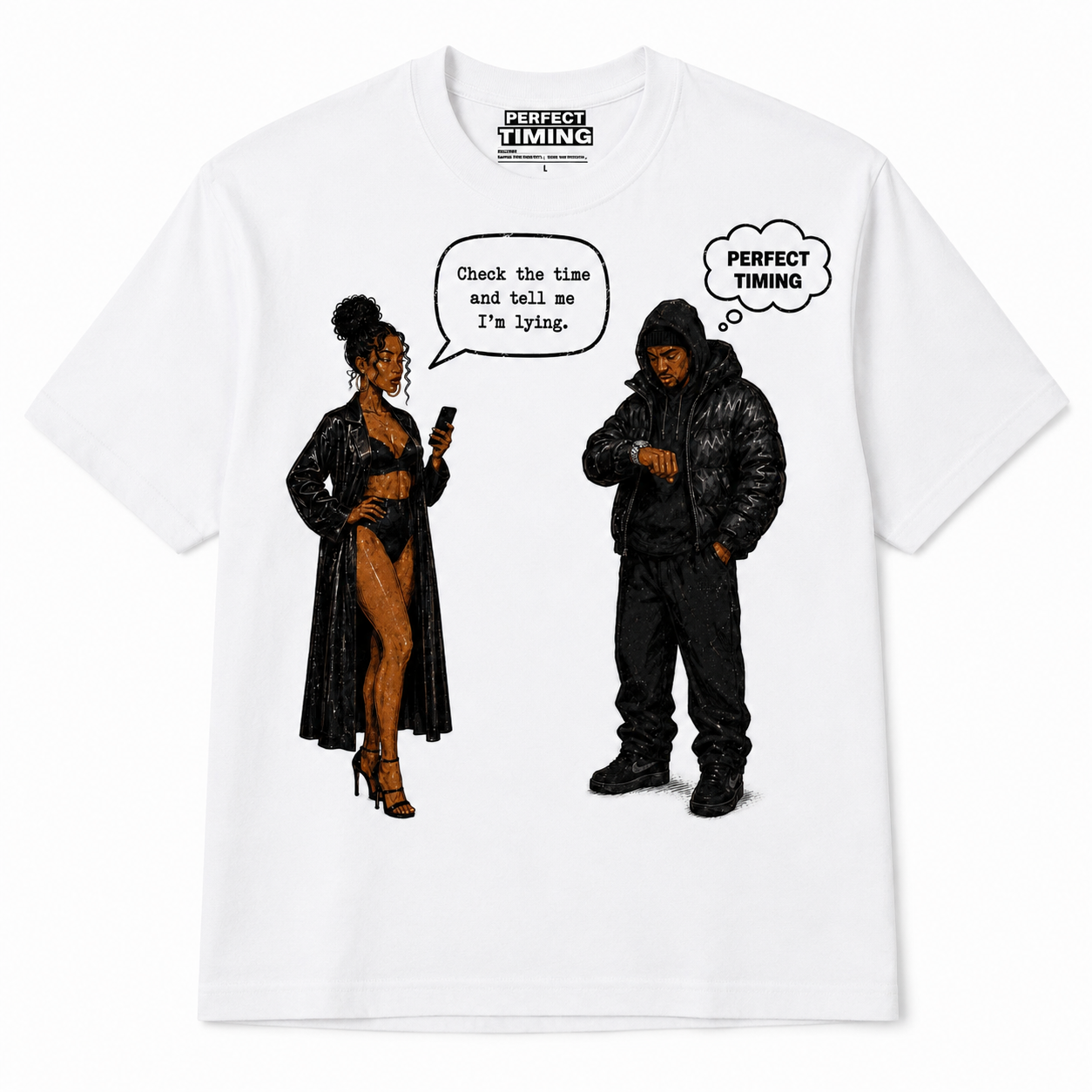 White t-shirt with graphic of a woman and man in conversation, featuring speech bubbles and text.