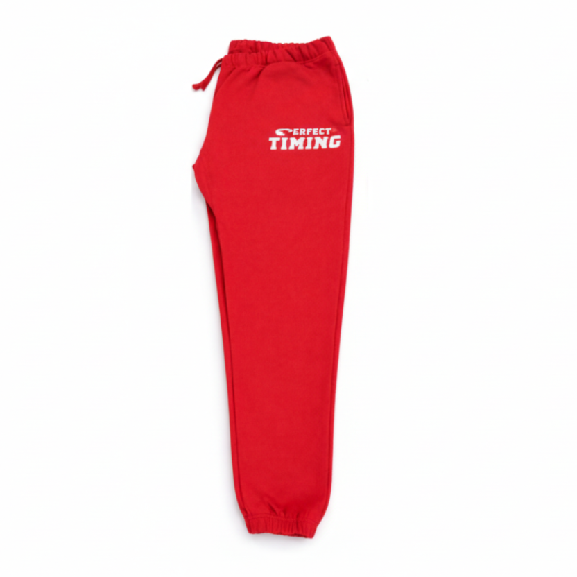 Red sweatpants with 'Perfect Timing' text on a white background