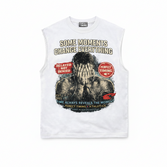 White sleeveless shirt with graphic design and text on a white background