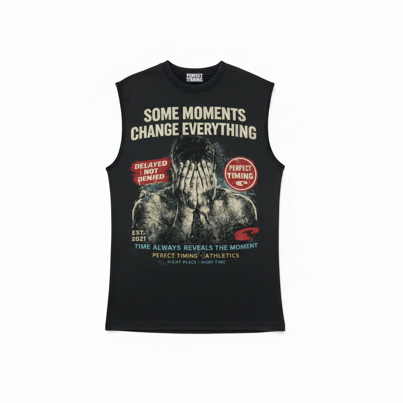 Black sleeveless shirt with graphic design and text on a white background